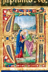 Piccolomini Library: choir book, cod. 14.P., ff. 2r with the Visitation of Mary and St. Elizabeth (detail)
