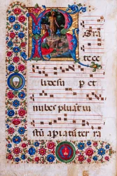 Piccolomini Library: choir book, cod. 18.3, ff. 45v with “Preaching of St. John the Baptist”, by Girolamo da Cremona