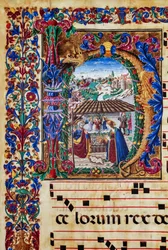 Piccolomini Library: choir book, cod. 2.B, ff. 5v with “Nativity” (detail)