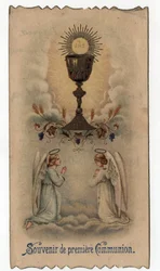 Pious image: two angels pray before a chalice from where a host comes out with the JHS christogram