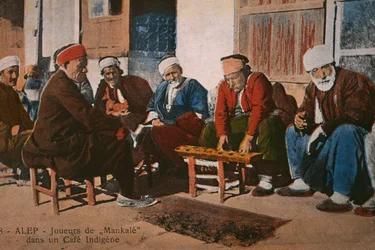 Postcard Depicting Mancala Players in a Cafe at Aleppo, Syria