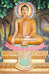 Preah Prom Rath Monastery: Life of the Buddha: Meditation on a lotus flower, The Buddha shown in earth-touching position, Siem Reap, Cambodia