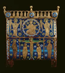 Reliquary casket, decorated with enamel plaques depicting the Crucifixion and the Apotheosis of Christ, French, made in Limoges