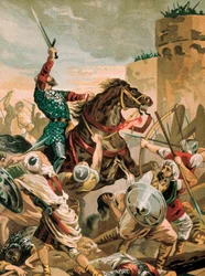 Representation of Cid, Rodrigo Diaz de Vivar (1043-1099), Spanish knight hero of the Reconquista during the siege of Valencia against the Saracens in 1099