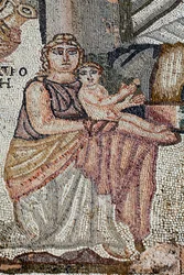 Representation of the newly born Achilles with his nurse, Anatrophe - Detail from the panel representing the first bath of Achilles - Paphos Mosaics, the villa of thesus 5th Century AD - Cyprus.
