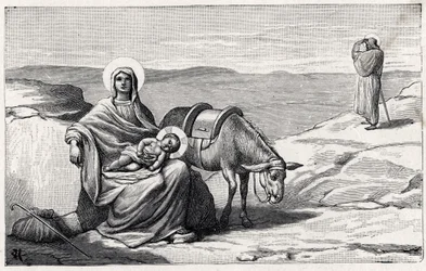 Rest During the Flight to Egypt. Alphabet of the Child Jesus. Edition of 1932. Woodcarvings Signed H G. Private Collection
