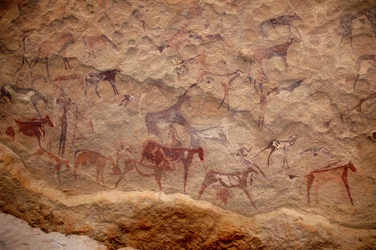 Rock art, Prehistory: Rock painting of a group of cattle and polychrome characters (shepherds and archers) in an ornate shelter, in the Uweinat massif, Sudan. Period from 8000 to 3000 years BC. Photography