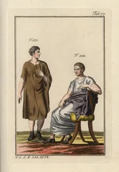 Roman man wearing the paenula, and a seated Roman senator