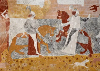 Romanesque art: Frescoes of the funeral chapel Sainte Catherine de Jouhet, France. The meeting of the three alive and three dead