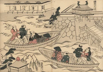 Samurai crossing the river in a boat on the way to the Yoshiwara pleasure quarters. Woodblock print by Masanobu Okumura from Fuzoku Emakimono, Picture Scroll of the Water Trade, Tokyo, reprint circa 1880