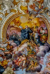 San Benedetto church, Catania, Sicily. Ceiling fresco detail (18th century). St Benedict.
