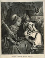 Sleeping Beauty: The Princess Discovers an Old Woman Spinning Wool. Engraving by Gustave Dore from Les Contes by Charles Perrault