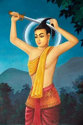 Srahchork Buddhist Monastery. Painting depicting the life story of Shakyamuni Buddha. Prince Siddhartha cut off his hair to renounce the worldly life at the bank of the Anoma River. Phnom Penh. Cambodia.