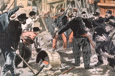 Struggle Between Breton Strikers and Law Enforcement Forces on a Construction Site, Paris, Early 20th Century (engraving)