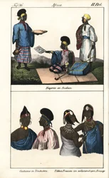Sudanese women in striped dress. Below, demmes of Timbuktu (Mali) and Tibbo women of the Sahara. Lithography for the book: “Galerie complete en tableaux fideles des peuples d