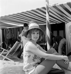 The Actress Carroll Baker at Venice Lido Beach (with a bell hat) - 1961