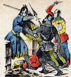 The Battle of Taillebourg between King Louis IX and his brother the Count of Poitiers Alphonse against Henry III of England and Hugues X of Lusignan (Epinal picture 19th century)