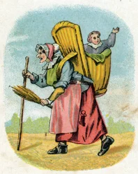 The Boyfriend mother. Old woman schoolkeeper with schoolboy carrying bag. Engraving in "Alphabet des petits ecoliers". Imaging of Epinal, circa 1885