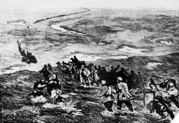 The Chinese Red Army passes through the marsh land. A woodcut by Li Huan-min. The Red Army is shown crossing a marsh in 1935