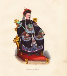 The Emperor of China in Embroidered Robes and Hat with Peacock Feather Seated on His Throne
