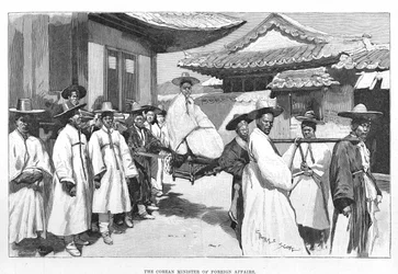 The Korean Minister for Foreign Affairs, Cho Pyong-Sik, making an official visit, is carried in a litter through the streets of Seoul