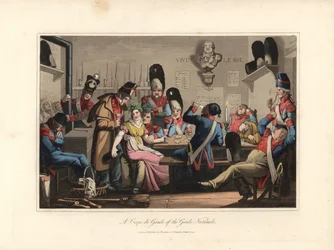 The National Guards in the Guards, drinking with the cantiniere, liquor dealer and playing cards, smoking the pipe, some are asleep. Eau forte after an illustration by Victor Auver, from Un tour through Paris, published by William Sams