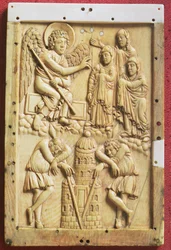 The Three Maries at the Tomb, carved plaque, School of palace of Charlemagne, French