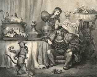The boot cat meets the Ogre. Engraving by Gustave Dore from 