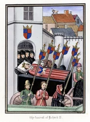 The funeral cortege of King Richard II of England, leaving the castle of Pontefract for the Cathedral of Saint Paul of London