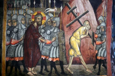 The Passion of Christ: Simon Carrying the Cross, Byzantine Fresco from Agios Ioannis Lampadistis Monastery, Saint John Lampadistis, 11th Century, Cyprus, Painted Churches UNESCO Site, Troodos, Cyprus