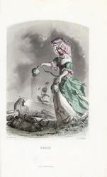 The poppy fairy sprinkles opium pods on beetles and locusts - Etching by Charles Geoffroy, based on an illustration by Jean Ignace Isidore Gerard for Les fleurs animees