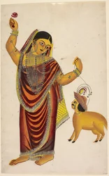 The sheep lover: a courtesan holding a rose in her right hand and leading a sheep with a human head, c.1865
