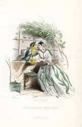 The tuber fairy and an elf daffodil are courted on a garden bench, next to a wall - Etching by Charles Geoffroy, based on an illustration by Jean Ignace Isidore Gerard for Les fleurs animees