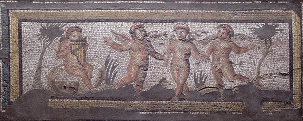 Three Dancing Putti Accompanied by One Playing the Pan Pipes, Border Detail from a Mosaic Pavement Depicting the Seasons and Hunting Scenes from the Constantinian Villa at Daphne, Roman, c.325-330 AD