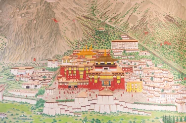 Tibetan Buddhism; main monastery of the Karma Kagyu lineage; Tsurphu in Tibet; mural at the entrance to the Rumtek Monastery near Gangtok; Sikkim; Himalayas; India; South Asia; Asia
