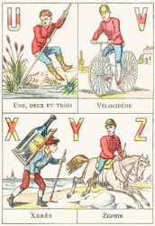 U V X Y Z; U: Une, deux et trois; V: Velocipede; X: Xeres; Z: Zephir - Games Alphabet, c.1890