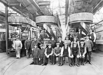 United Kingdom: Trams and Crews in the Tram Depot on Oswald Road, Kircaldy, c1910