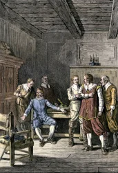 Dispute Between John Winthrop and Thomas Dudley in the Massachusetts Bay Colony, Colour Engraving of the 19th Century