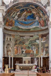 View of the nave and presbytery with the Stories of the Virgin, Duomo, Cathedral of S. Maria Assunta, Spoleto, Umbria, Italy