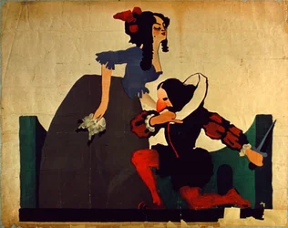 Vintage poster of man kneeling at woman