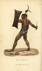 Warrior of Ombai with armour, shield and kris. He wears his hair tied up in a plume. Man of Ombai Island (Ombay), Indonesia. Handcoloured copperplate engraving after an illustration by Jacques Arago from Frederic Shoberl