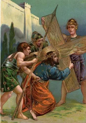 Way of the Cross - via crucis - Stations of the Cross: third station, Jesus falls for the first time under the weight of his cross (Jesus falls the first time). Chromolithography. Private collection