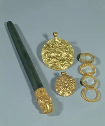 Whetstone and Rings with Granulated Decoration, Susa, Iran, Elamite Period, c.1150 BC