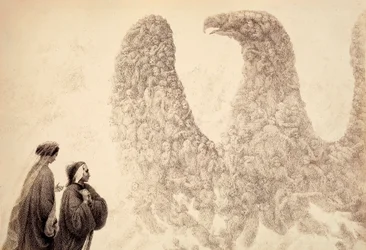 Within the Sphere of Jupiter, Dante sees the blessed spirits arrange themselves in the form of an eagle, symbol of the Empire. Illustration of Canto XVIII in Paradiso of The Divine Comedy by Dante Alighieri. Work of Francesco Scaramuzza