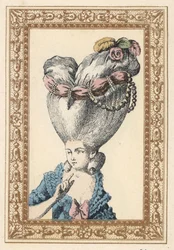 Woman with her hair combed up over a pouf (support) and decorated with flowers, pearls and a sash, called the Flea