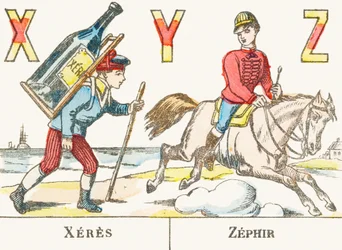 X Y Z: Sherry, Zephyr - A Boy Holding a Large Bottle of Wine and a Rider Galloping on His Horse Named Zephyr - Games Alphabet, circa 1890 (engraving)