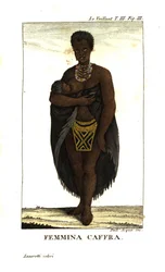 Young San Woman Nursing Child, South Africa. She wears a cape, necklaces and beaded skirt. From Francois Le Vaillant