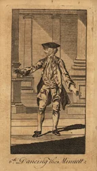 Young gentleman dancing the minuet in a ballroom with columns