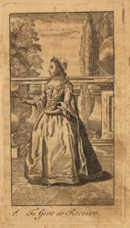 Young lady giving or receiving a fan in a park