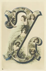 Z: Photo-Portrait of Woman in a Long Blue Drapery, Several Busts of Women in the Letter - Alphabet Portraits of Women. A. L. Editor
